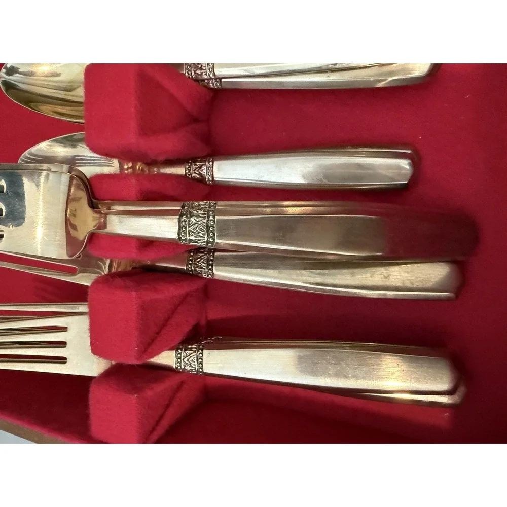 Vintage Thai Brass Flatware Set. Service For 8 29 Piece Set Gold Tone with Case